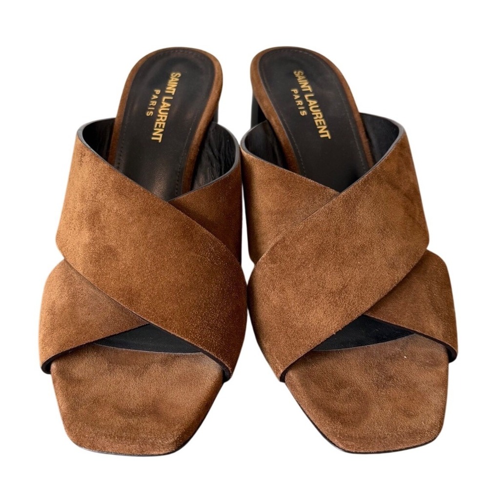 Saint Laurent Brown Suede Mules Crossover Strap Block Heel Sz 39 chic Minimalist